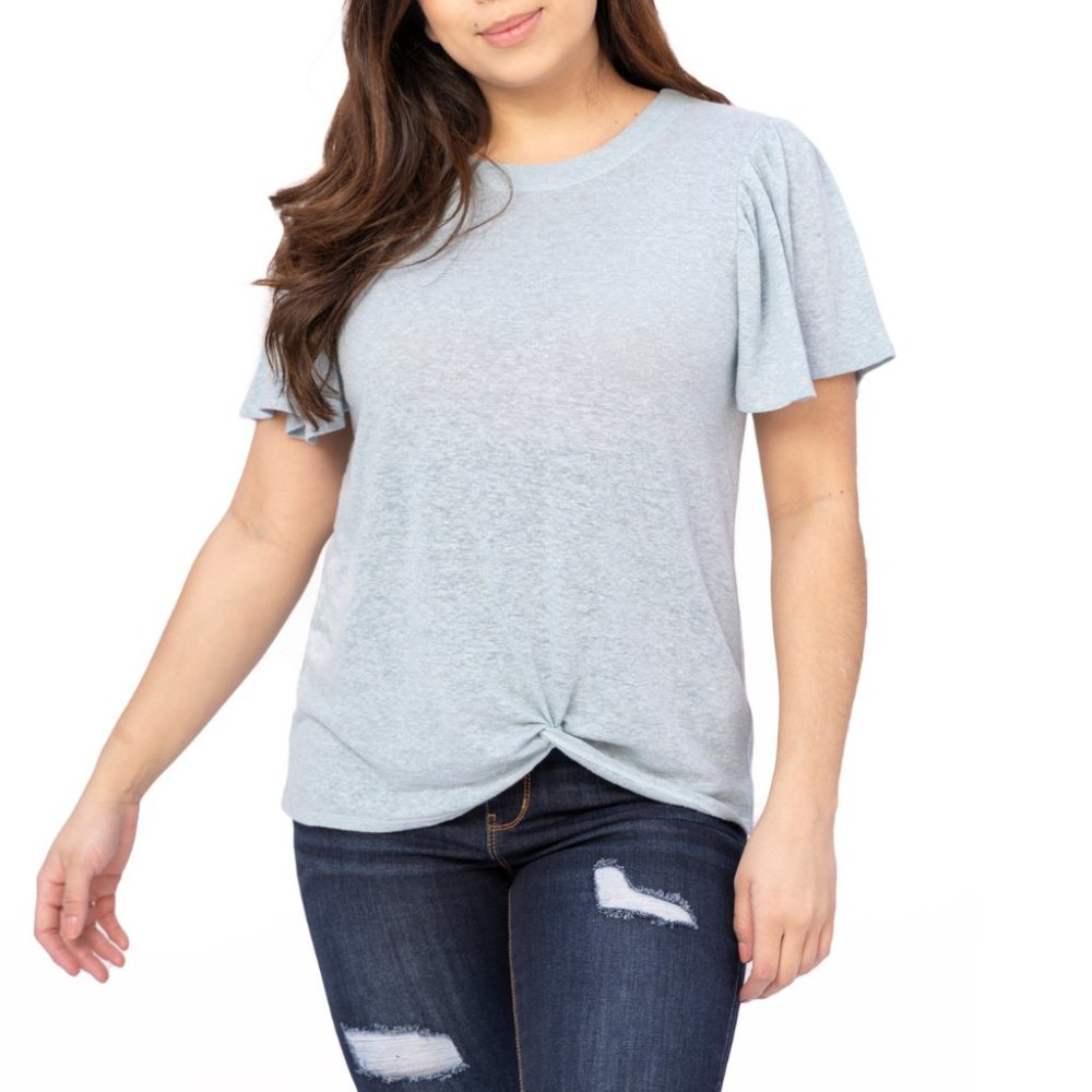 Twist Front Flutter Sleeve Linen Top